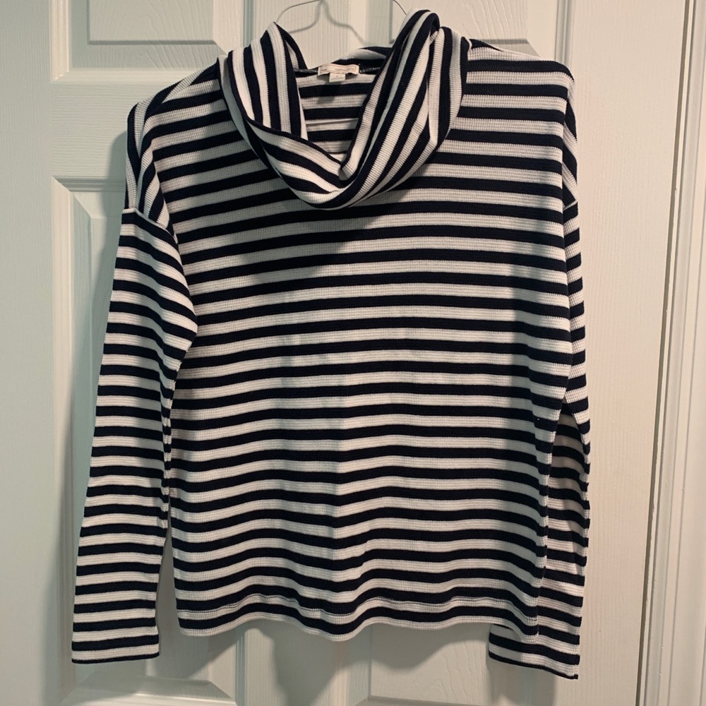 navy blue and white striped cowlneck sweater